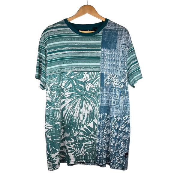 Desigual Mens Patchwork Tribal Tropical Print Short Sleeve T-shirt Blue XXL - Picture 1 of 6